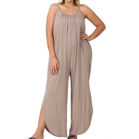Zenana Outfitters Pants - JUMPSUIT SLEEVELESS JUMPSUIT WITH POCKETS - ASH MOCHA 2X